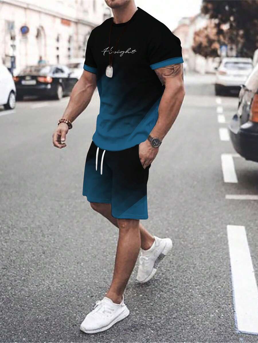 Camiseta De Tirantes Y Pantalones Cortos Con Estampado Para Hombres,Traje Deportivo Y Chándal - Azul Marino - Ver 1