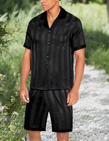 Men Satin Silk Set With Pockets Sleepwear Shorts Satin Summer Loungewear 2 Piece Button Down Set S-3XL - 條紋黑色 - 查看 6
