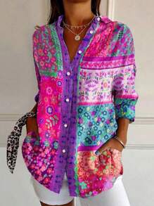 女士休闲通勤波西米亚几何印花长袖衬衫