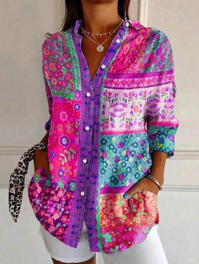 女士休闲通勤波西米亚几何印花长袖衬衫