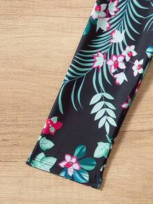 Elegante Traje De Baño De Dos Piezas, Blusa Y Pantalón De Manga Larga Con Estampado Tropical Para Mujer Durante Vacaciones En La Playa - Verde claro - Ver 6