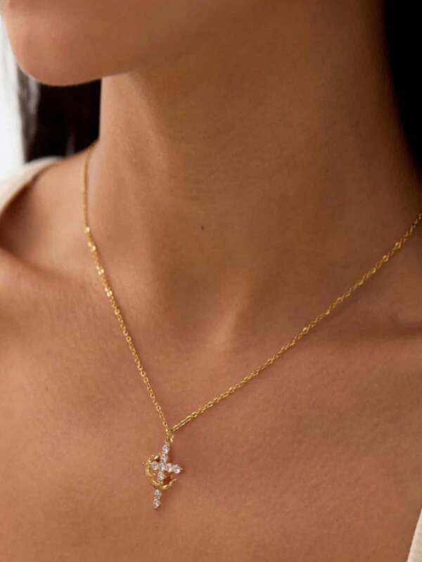 1 stuk roestvrijstalen ketting met ingelegde kroon en kruis, modieuze minimalistische ketting met draaiende kroon en kruis, delicate luxe ketting geschikt voor vrouwen en meisjes