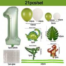 21pcs/Set Mini Dinosaur Foil Balloons, Olive Green Number Balloons, Jurassic Dinosaur Theme Birthday Party Decorations - Multicolor - View 2