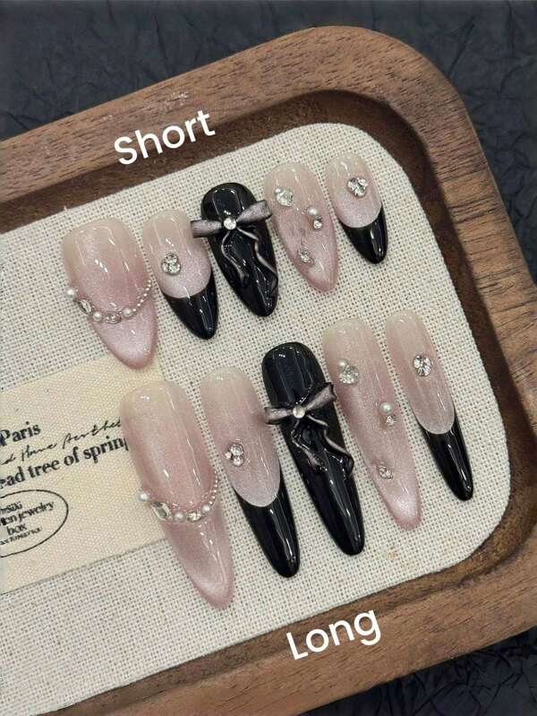 10pcs/Set Almond Nail Tips, Iridescent Bowknot Purple Premium Cat Eye Diamante French Manicure Set, Elegant Daily & Dating Wear, Reusable