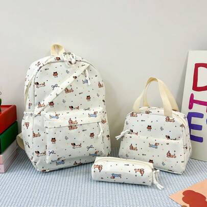 Set da 3 pezzi: Zaino, borsa a spalla, borsa a mano e astuccio con design di cani alla moda, adatto per lo shopping e come regalo per il ritorno a scu