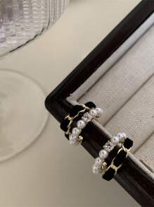 1pc Black Velvet Pearl Decor C-Type Hoop Earrings, Suitable For Women's Daily Wear