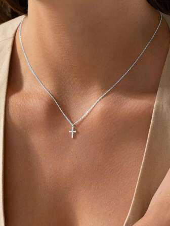 1 Pc Simple & Elegant Silver-Tone Cross Pendant Necklace With Rhinestones, Delicate Design Suitable For Everyday Wear, Choker Style