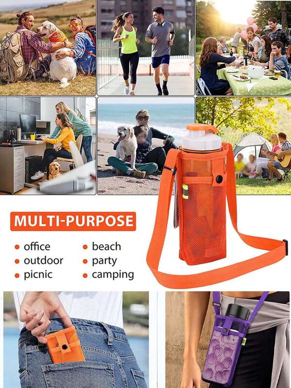 1pc Water Bottle Mesh Bag With Phone Holder & Shoulder Strap, Adjustable, Portable Drink Holder, Hands-Free Cup Carry Pouch, Essential For Students, Camping & Travel, Universal Lid