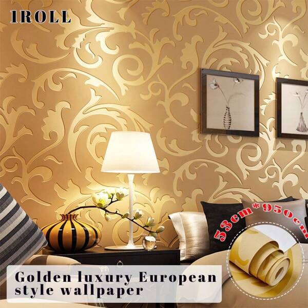 1 rollo de 53cm x 950cm Papel pintado europeo estilo 3D floral dorado de lujo con impresión gruesa, sin tejido, requiere pegamento, adecuado para dormitorio, sala de estar, fondo de TV, papel de pared, decoración de pared