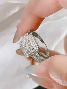1pc S925 Sterling Silver Square Cubic Zirconia Luxury Ring, Suitable For Gift, Date, Party, Daily Wear, Engagement, Wedding, Bridal Jewelry, Women Premium Accessories - Silver - View 4