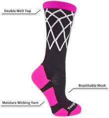 Youper Elite - Calcetines de baloncesto con logotipo y red de baloncesto (2 pares), calcetines deportivos para hombres, niños, mujeres y niñas - Red/Baloncesto Negro Rosa - Ver 3