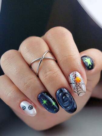 24pcs Halloween Press On Nails Medium Almond Fake Nails Full Cover Blue Spider Web Star False Nails With Designs Acrylic Artificial Nails For Women Girls