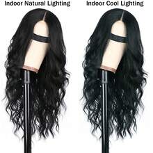 Synthetic Lace Wigs For Women Middle Parting 26inch Long Wavy Hair Black Color Optional High Temperature Fiber - màu đen - Xem 6