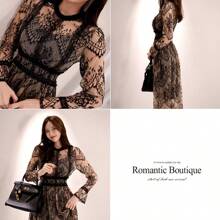 2025 New Elegant Fashion Waist Joint Lace Base Openwork Lace Dress - 黑色 - 查看 7