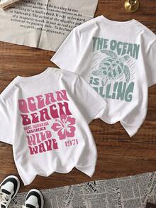 Set de 2 camisetas de cuello redondo de manga corta con estampado casual para niñas, adecuadas para que los estudiantes usen en verano - Camiseta gráfica con tortuga marina y flores de colores que traen alegría y felicidad a cada niño! Ropa infantil, camiseta gráfica para niñas, top de verano, ropa para niñas preadolescentes