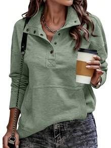 Womens Sweatshirt Casual Long Sleeve Lightweight Sweatshirts Button Loose Pullover Tops - B Xanh - Xem 4