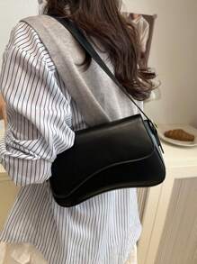 1件简约纯色翻盖单肩包，经典纹理斜挎包，女士手提包