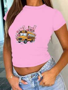 Yellow School Bus With Hearts Women's Fashion Short T-Shirt - Pink - View 1