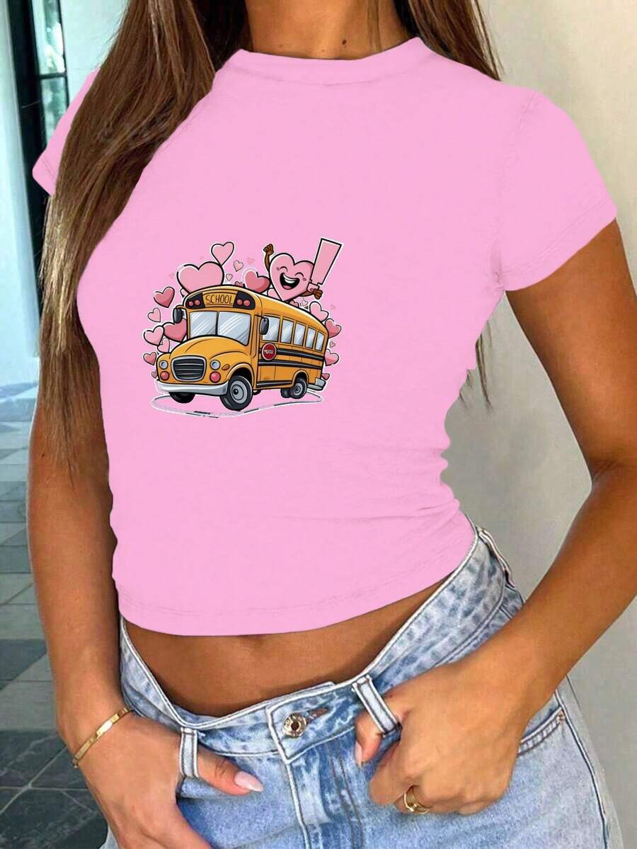 Yellow School Bus With Hearts Women's Fashion Short T-Shirt - Pink - View 1