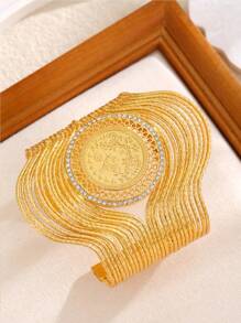 New 2025 Dubai Fashion Gold Coin Copper Alloy Bracelet, Exquisite Rhinestone Geometric Bangle, Suitable For Wedding Party Wear Jewelry