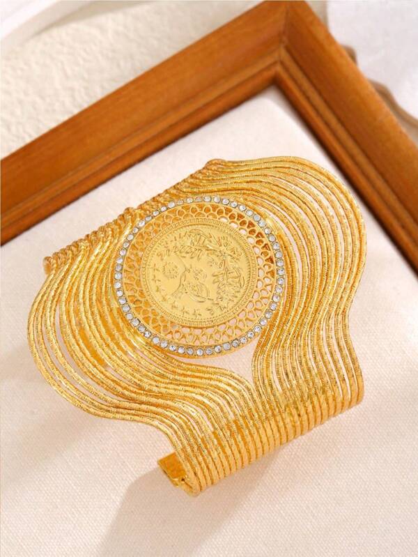 Novo Bracelete de Liga de Cobre com Moeda de Ouro da Moda de Dubai 2025, Pulseira Geométrica Requintada com Strass, Adequado para Joias de Festa de Casamento