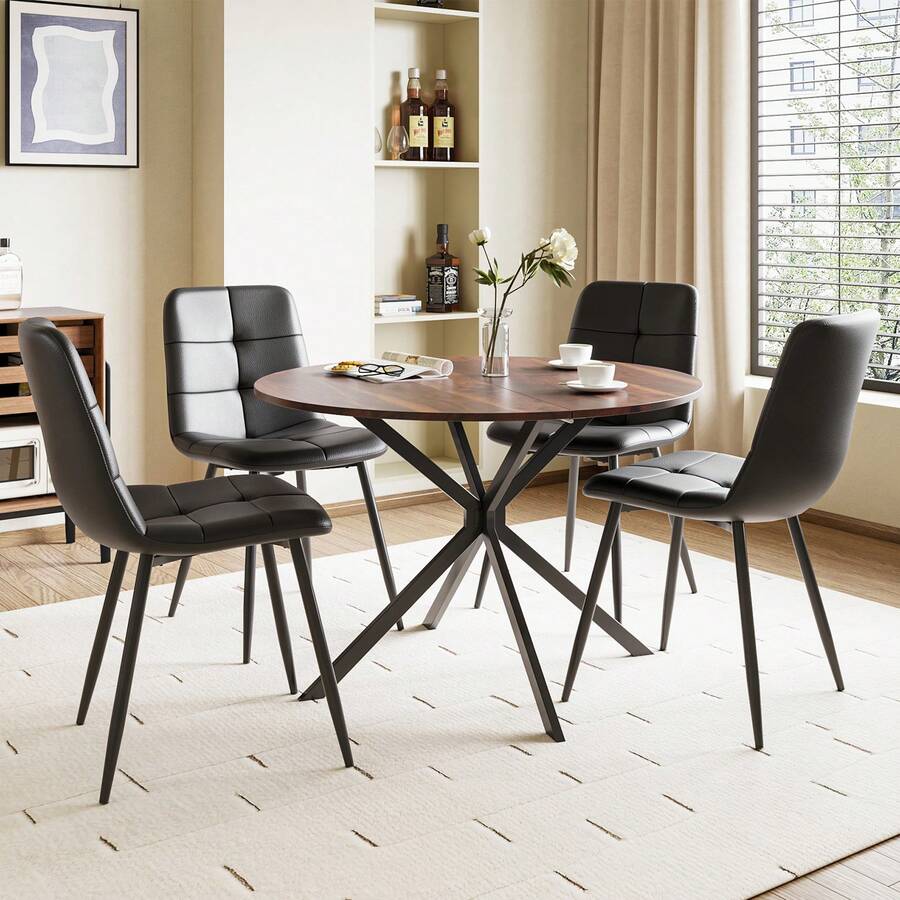 Dining Table And Chairs Set Of 2, Folding Round Dining Table With 4 PU Leather Chairs For Dining Room,Kitchen,Living Room - Brown Table + 4PU Black Chair - View 1