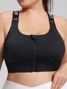 1pc Women Sports Bra, Letter Print Straps, Criss-Cross Back Design, High-Impact Full Coverage Sports Bra, Ultimate Running Bra Fall Black - Black - View 3