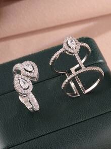 rakol Bộ 2 chiếc nhẫn bạc thời trang & đá CZ tròn trang trí cho nữ - Phong cách 2 - Xem 2