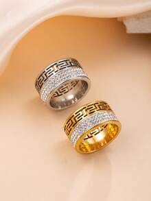 1pc Fashionable Stainless Steel Hollow Great Wall & Clover Rhinestone Decor Ring, Suitable For Men And Women Daily Wear - Ring - View 5