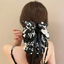 1 Hot Selling Exquisite Antique Style Flower Printed Ribbon Bow Plastic Hair Clip, Simple And Fashionable Large Hair Clip, Anti Slip Ponytail Buckle Hair Accessory, Birthday Banquet, Vacation Beach - A Fashionable Thing For Girls In Extra Rooms - màu đen - Xem 6