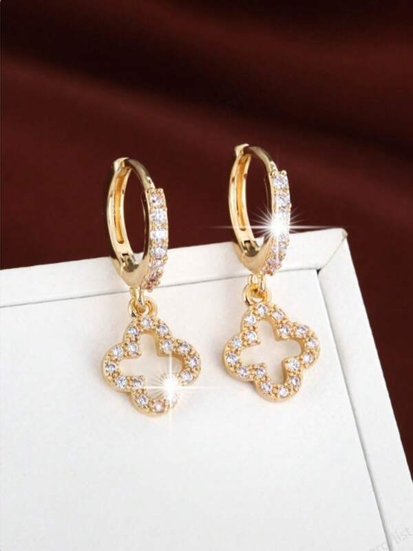 1 Pair Copper Encrusted Luxury Hoop Earrings, Simple Elegant Flower & Star Hollow Out Pendant