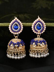 1 对优雅水滴吊坠耳环，宝莱坞风格彩色水钻搭配人造珍珠流苏首饰，巴基斯坦流行耳环，适合女性婚礼、节日派对佩戴 - 水滴 - 查看 3