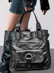 Ladies' Fashionable Retro Casual Cool Handbag, Personalized Y2K Spicy Girl Motorcycle Bag, Street Style Washed Plain Leather Imitation Leather City Bag, Suitable For Work, Commuting, Dating, Party Large Capacity Multi Pocket Single Shoulder Crossbody Bag, Black