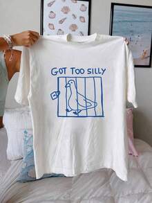 Women's Funny Goose Pattern T-Shirt - "Too Silly" Cartoon Pattern Black With Blue Design, Lightweight Short Sleeve Round Neck Casual Top, Suitable For Spring And Summer, Machine Washable, Humorous Printed T-Shirt, Comfortable Fit - 白色 - 查看 1