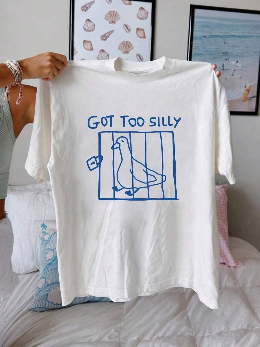 Women's Funny Goose Pattern T-Shirt - "Too Silly" Cartoon Pattern Black With Blue Design, Lightweight Short Sleeve Round Neck Casual Top, Suitable For Spring And Summer, Machine Washable, Humorous Printed T-Shirt, Comfortable Fit - 白色 - 查看 1