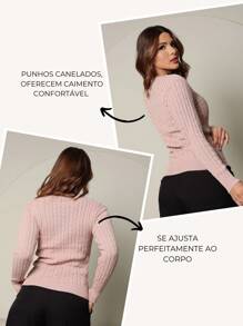 Blusa Tricot Manga Longa Gola Redonda Detalhe Trança gola tradicional sofisticado malha quente segunda pele