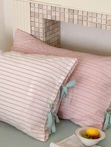 1 vỏ gối thắt nơ, màu be nhạt/khaki/hồng thoải mái, họa tiết sọc có nơ, thích hợp cho phòng khách, phòng ngủ, ký túc xá, có thể giặt bằng máy (không bao gồm ruột gối) - Màu Hồng baby - Xem 2