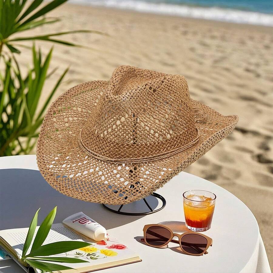 Women Men Summer Straw Hat Hollow-Out Bucket Hats Sun Beach Holiday Sun Cap Cowgirl Hat - 卡其色 - 查看 1