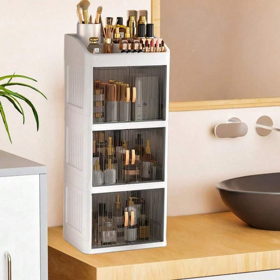 1 件梳妆台化妆品收纳盒，可折叠和滑动门设计，透明盖化妆品展示柜，大容量护肤品和化妆品收纳盒，送给女性的理想礼物，适合卧室和浴室梳妆台，用于存放口红、刷子、指甲油，适合假日海滩、浴室收藏、卧室收藏，大容量 - 彩色 - 查看 1