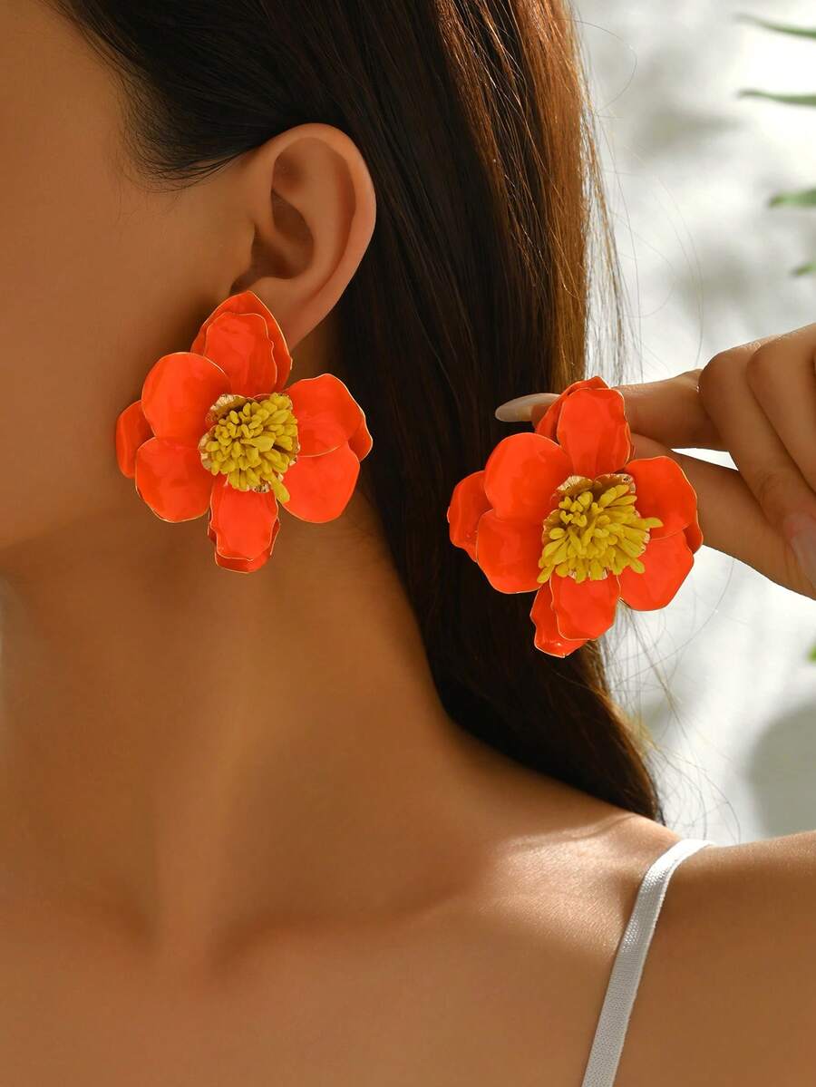1 对优雅甜美清新花卉圈形耳环，高端复古山茶花耳环，橙色，适合女性度假和日常佩戴 - 橘色 - 查看 1
