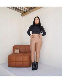 Calça Montaria Feminina Lisa Cintura Alta Modeladora Legging COM BOLSO Cirrê - Caramelo - Visão 2