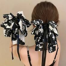 1 Hot Selling Exquisite Antique Style Flower Printed Ribbon Bow Plastic Hair Clip, Simple And Fashionable Large Hair Clip, Anti Slip Ponytail Buckle Hair Accessory, Birthday Banquet, Vacation Beach - A Fashionable Thing For Girls In Extra Rooms - màu đen - Xem 8