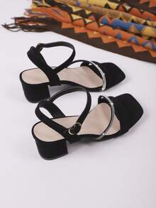 1 Pair Fashion Strap Women Chunky Heel Sandals, Solid Color Open Toe, Minimalist Style, Suede Back, European & American Design - Diamond Strip Black - View 7