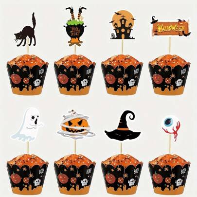 8/16/24Pcs Halloween Cupcake Toppers Halloween Pumpkin Cat Eyeball Magic Furnace Ghost Cake Decorations For Halloween Theme Baby Shower Birthday Party Supplies