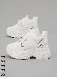 Zapatillas de cuña con cordones casuales y de uso diario para mujer - Blanco - Ver 2