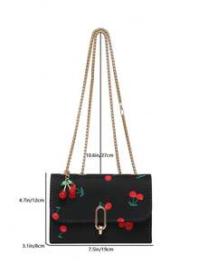 Retro Fashion Cherry Pattern Mini Square Flap Bag, Metal Double Chain Shoulder Bag, Adjustable Crossbody, Suitable For Women's Daily And Student Casual Use - Black - View 6