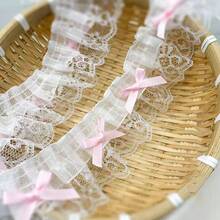 1yard Pink & White Double Layer Lace Ruffle Bowknot Trim, DIY Hairpiece Headwear Craft Accessory - Multicolor - View 1