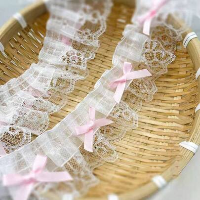 1yard Pink & White Double Layer Lace Ruffle Bowknot Trim, DIY Hairpiece Headwear Craft Accessory