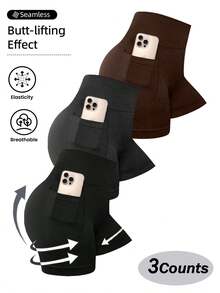 Three-Piece Set Of Plus-Size Women's Cinched Shorts With Pockets. The Nude And Lightweight Cycling High-Waisted Shorts Are Suitable For Fitness, Running And Sports - Đen+Xám+Nâu - Xem 1