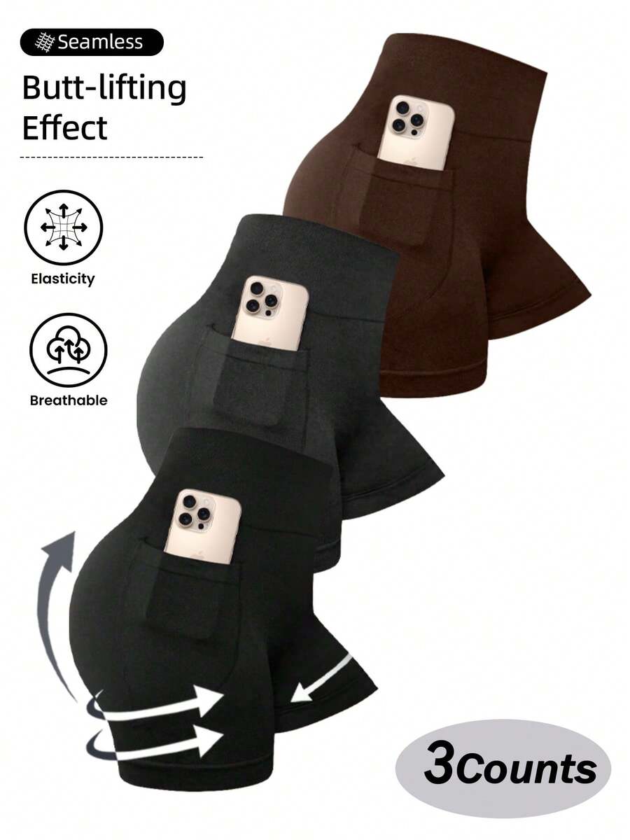 Three-Piece Set Of Plus-Size Women's Cinched Shorts With Pockets. The Nude And Lightweight Cycling High-Waisted Shorts Are Suitable For Fitness, Running And Sports - Đen+Xám+Nâu - Xem 1